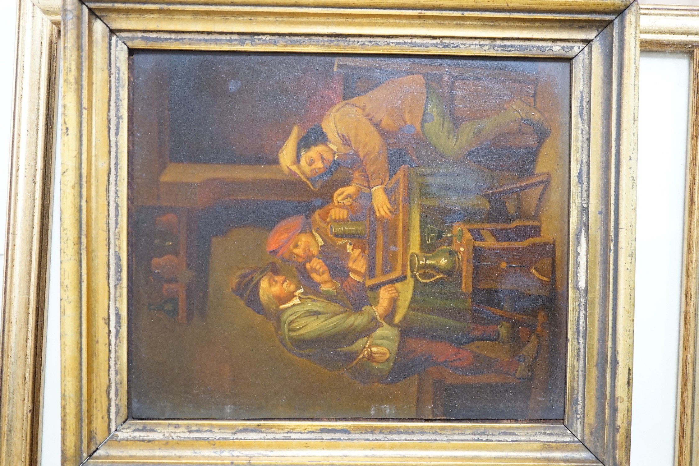 19th century German School, pair of oils on zinc panels, 17th century tavern scenes, 20 x 16cm